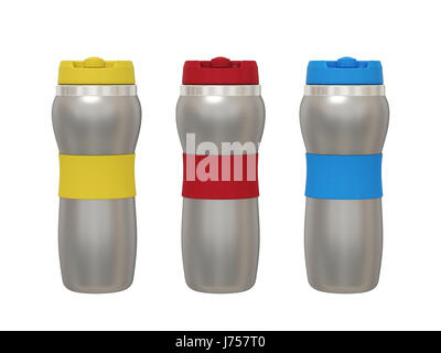 new set design of grey metal water flask  and  colored cover use for both hot and cold on white background with clipping path Stock Photo