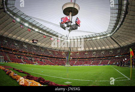 WARSAW, POLAND - MAY 27, 2015: UEFA Europe Laegue Trophy (Cup) presents on public before the final game between Dnipro and Sevilla at Warsaw National  Stock Photo