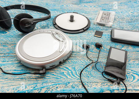 The photo shows a Cd player on a blue background Stock Photo