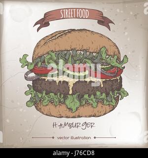 Hamburger color sketch on grunge background. Stock Vector