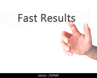 Fast Results - Hand pressing a button on blurred background concept . Business, technology, internet concept. Stock Photo Stock Photo