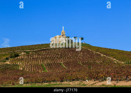 France, Rhone, Beaujolais region, Fleurie, Chapel of the Madonna and the vineyards in autumn Stock Photo