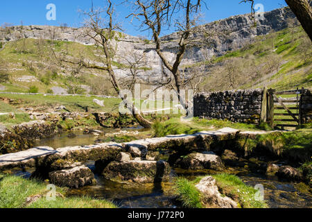 Old stone clapper bridge over Malham Beck with Malham Cove beyond. Malham Malhamdale Yorkshire Dales National Park North Yorkshire England UK Britain Stock Photo