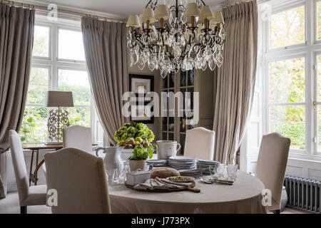Elaborate chandelier and ornate table lamp both by Bardoe & Appel in dining room painted in Stone III flat emulsion by Paint Library Stock Photo