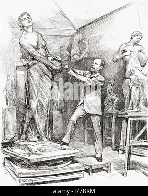 George A. Lawson at work in his studio.  George Anderson Lawson,  1832 – 1904.  English sculptor.  After a drawing by Theodore Blake Wirgman.  From The Century Illustrated Monthly Magazine, May 1883 - October 1883. Stock Photo