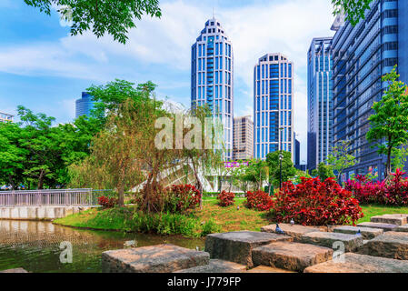 TAIPEI, TAIWAN - APRIL 30: This is a view from a of modern office buildings and skyscrapers from a park in the Banqiao district on April 30, 2017 in T Stock Photo