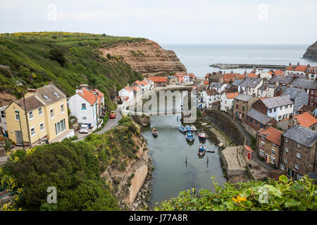 An elevated view of the coastal village of Staithes,North Yorkshire,England,UK Stock Photo