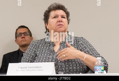 Sitting Bull College President Laurel Vermillion speaks during a breakfast listening session with Agriculture Secretary Sonny Perdue at the Oglala Lakota College May 19, 2017 in Rapid City, South Dakota. Stock Photo