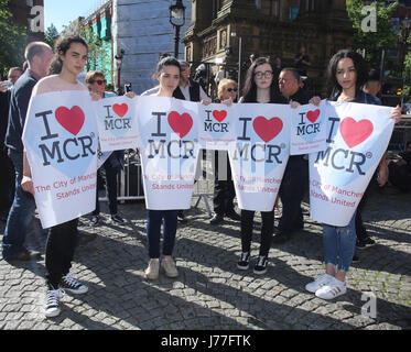 Albert Square, Manchester, UK. 23rd May, 2017. Evening vigil at Albert Square 23.5.2017 in front of Town Hall following bomb attack at Manchester Arena on the night of 22.5.2017 where pop concert was taking place with Ariana Grande. Credit: GARY ROBERTS/Alamy Live News