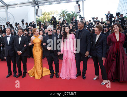 Cannes, France. 23rd May, 2017Jury members of the 70th Cannes International Film Festival Agnes Jaoui, Maren Ade, Will Smith, Fan Bingbing, Pedro Almodovar, Jessica Chastain, Gabriel Yared, Paolo Sorrentino (R-L) attend the '70th Anniversary' ceremony of the Cannes Film Festival in Cannes, France, May 23, 2017. (Xinhua/Xu Jinquan) (jmmn) Credit: Xinhua/Alamy Live News Stock Photo