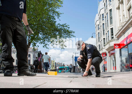 Cardiff, Wales, UK. 24th May, 2017.. Police carry out security checks on manholes in Cardiff City Centre ahead of the Champions League Final on June 3rd.   Picture by Mark Hawkins Credit: Mark Hawkins/Alamy Live News Stock Photo