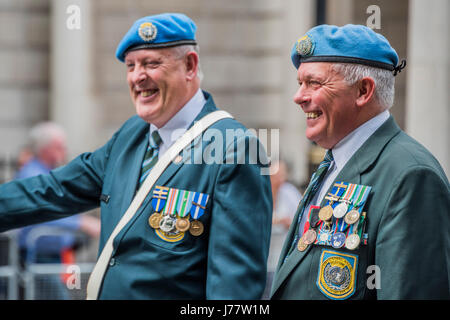 London, UK. 24th May, 2017.  Blue berets worn with pride by old soldiers - A remembrance march in honour of the International Day of United Nations Peacekeepers. London 24 May 2017. Credit: Guy Bell/Alamy Live News Stock Photo