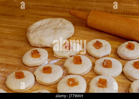 pie cooking in the kitchen with ingredients and tools. Stock Photo
