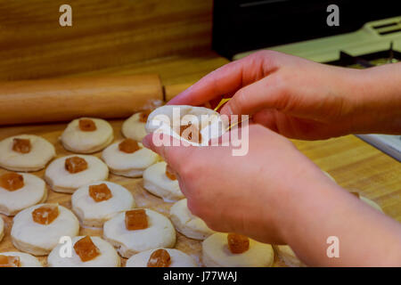 pie cooking in the kitchen with ingredients and tools. Stock Photo