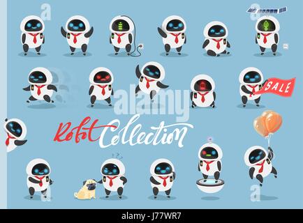 Set character robot android. Characters cartoon in flat style with different tasks, gestures. Stock Vector