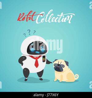 Character cute in flat style. Funny cartoon robot and dog Stock Vector