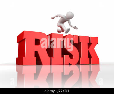 Icon man man takes a risk - jumps over the word risk / 3d illustration ...