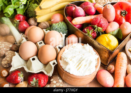 Various Healthy Food, Fruits and Vegetables, Cheese and Eggs. Stock Photo