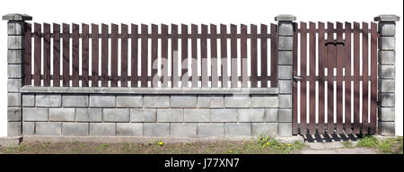 Rural simple fence from brown vertical wooden boards. Columns  and basis made from uneven beaten white bricks.  Isolated on white background Stock Photo
