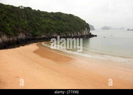 View of nice empty sand beach at Halong Bay in Vietnam Stock Photo