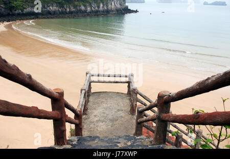 View of nice empty sand beach at Halong Bay in Vietnam Stock Photo