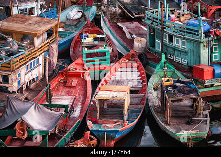 Fishing boats tied up in the harbour on Phu Quoc Island, Vietnam Stock Photo