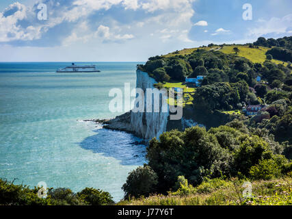 St Margarets Bay English Channel White Cliffs Dover and a Cross Channel Ferry heading into to Dover. Stock Photo