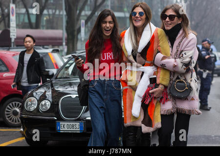 Chiara Totire, Anna Dello Russo and Aurora Eleone after Armani show during the Milan Fashion Week Autum Winter 2017 Stock Photo
