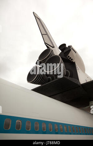 Space Shuttle Independence sits atop a Boeing 747 at NASA Johnson Space Center in Houston, Texas. Stock Photo