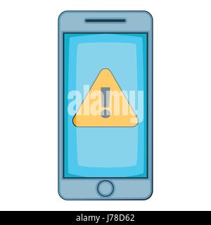 Warning notification on mobile phone icon in cartoon style isolated on white background vector illustration Stock Vector