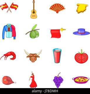 Spain icons set in cartoon style. Spain travel attractions set collection vector illustration Stock Vector