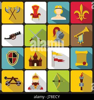 Knight medieval icons set in flat style. Middle ages warrior weapons set collection vector illustration Stock Vector