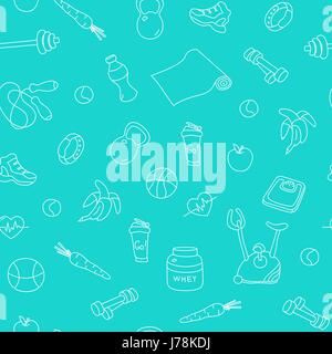 Blue seamless pattern with fitness doodles Stock Vector