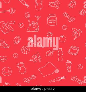 Red seamless pattern with fitness doodles Stock Vector