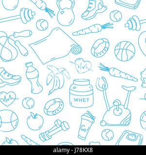 Blue seamless pattern with fitness doodles Stock Vector