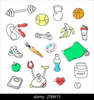Hand drawn fitness doodles. Isolated set Stock Vector