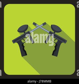 Crossed paintball guns icon in flat style on a green background vector illustration Stock Vector