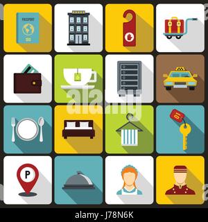 Hotel icons set in flat style. Hotel accommodation services set collection vector illustration Stock Vector