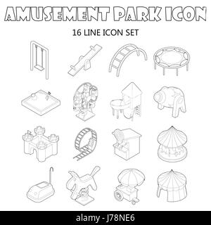 Amusement park icons set in outline style. Attraction park set collection. vector illustration Stock Vector