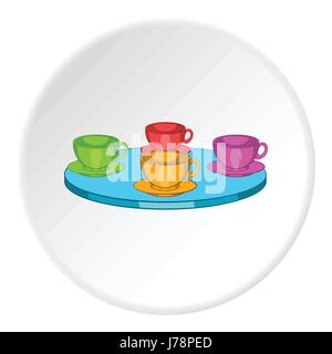 Four mugs on table icon in cartoon style isolated on white circle background. Tea time symbol vector illustration Stock Vector