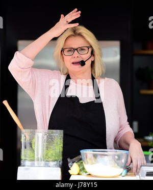 Alresford 13th annual Watercress Festival, Jane Devonshire (BBC MasterChef Champion 2016) giving a cooking demonstration at the festival, Alresford... Stock Photo