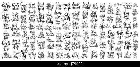 set of 100 hand lettering inscriptions about healthy life and fi Stock Vector