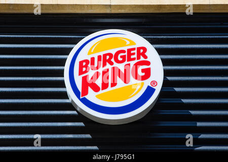 PETERBOROUGH, UK - MAY 22ND 2017: The Burger King logo above one of their restaurants in Peterborough, UK, on 22nd May 2017. Stock Photo