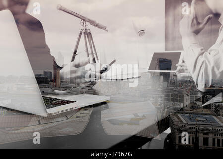 co working team meeting concept,businessman using smart phone and digital tablet and laptop computer in modern office with London city exposure Stock Photo