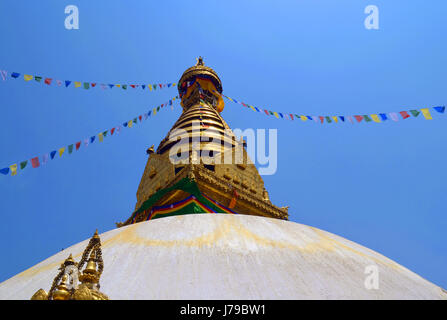 Swayambhu (Swayambhunath) Stupa in Kathmandu, Nepal. Monkey Temple and prayer flags lunghta. Stock Photo