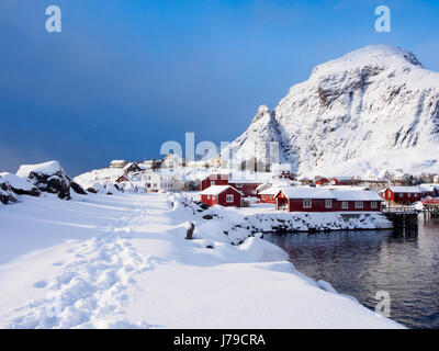 Footsteps in snow in village of A on Lofoten, Norway Stock Photo