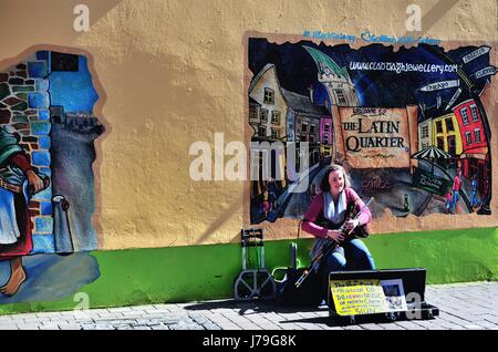 Street musician playing traditional Irish music in front of  a mural on a shop in the Latin Quarter section of Galway, County Galway, Ireland