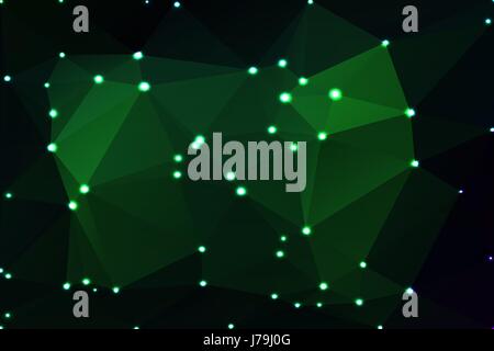 Glowing neon green abstract low poly geometric background with defocused lights Stock Vector