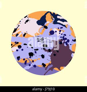 Lilac orange brown artistic ink splashes vector background. Greeting card or invitation template with round frame Stock Vector