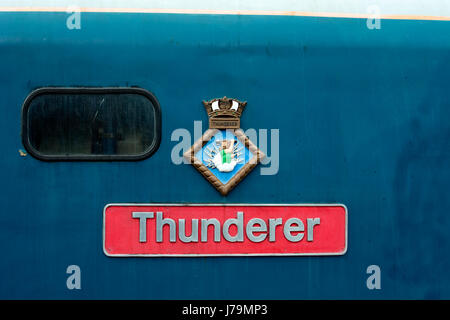 Class 50 diesel locomotive No 50008 'Thunderer' nameplate at the Severn Valley Railway, Kidderminster, UK Stock Photo